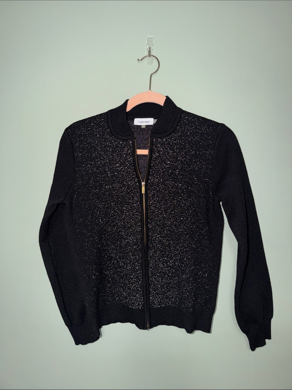 Calvin Klein Black Metallic Shimmer Zip Front Knit Sweater Small